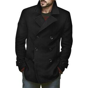 Mens Black Classic Pea Coat Notched Collar Winter Warm Heavyweight Trench Coats